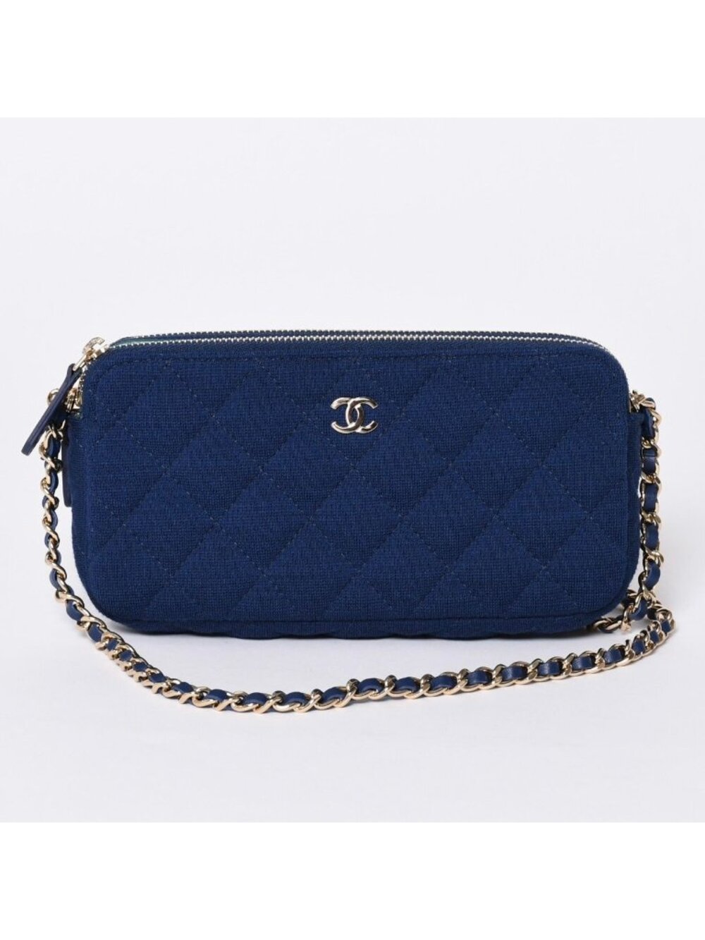 Chanel Chain Wallet Quilted CC Logo Navy Blue Gold Shoulder Bag